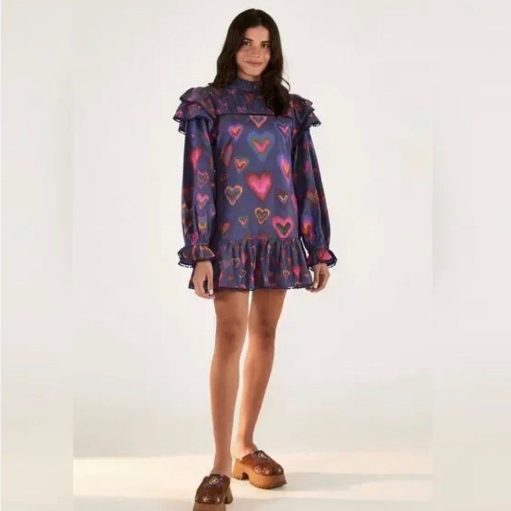 Farm Rio Ruffled Mock Neck Navy Ikat Dyed Hearts Mini Dress - Picture 4 of 5